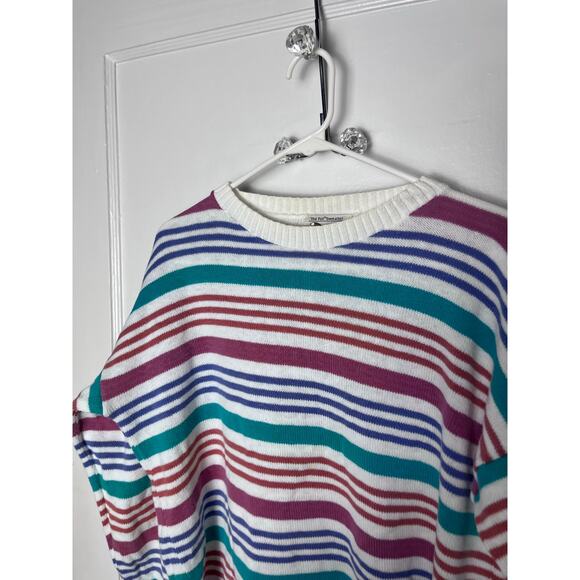 Vintage 90s The Fox Sweater Pink Green Striped Men's XLT Colorful Crewneck - Picture 2 of 5